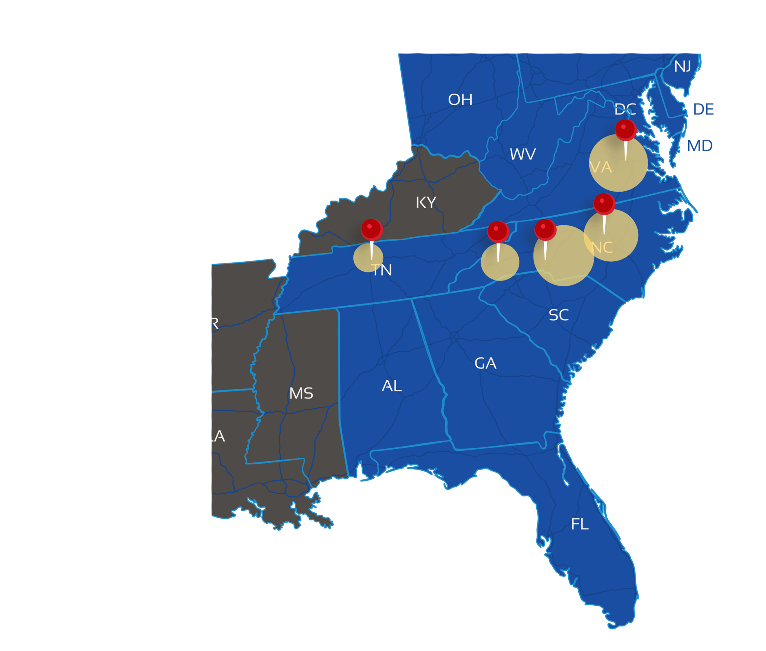 Map of the Southeast region of the U.S. with pins to point out Richmond, Raleigh, Charlotte, Asheville and Nashville.